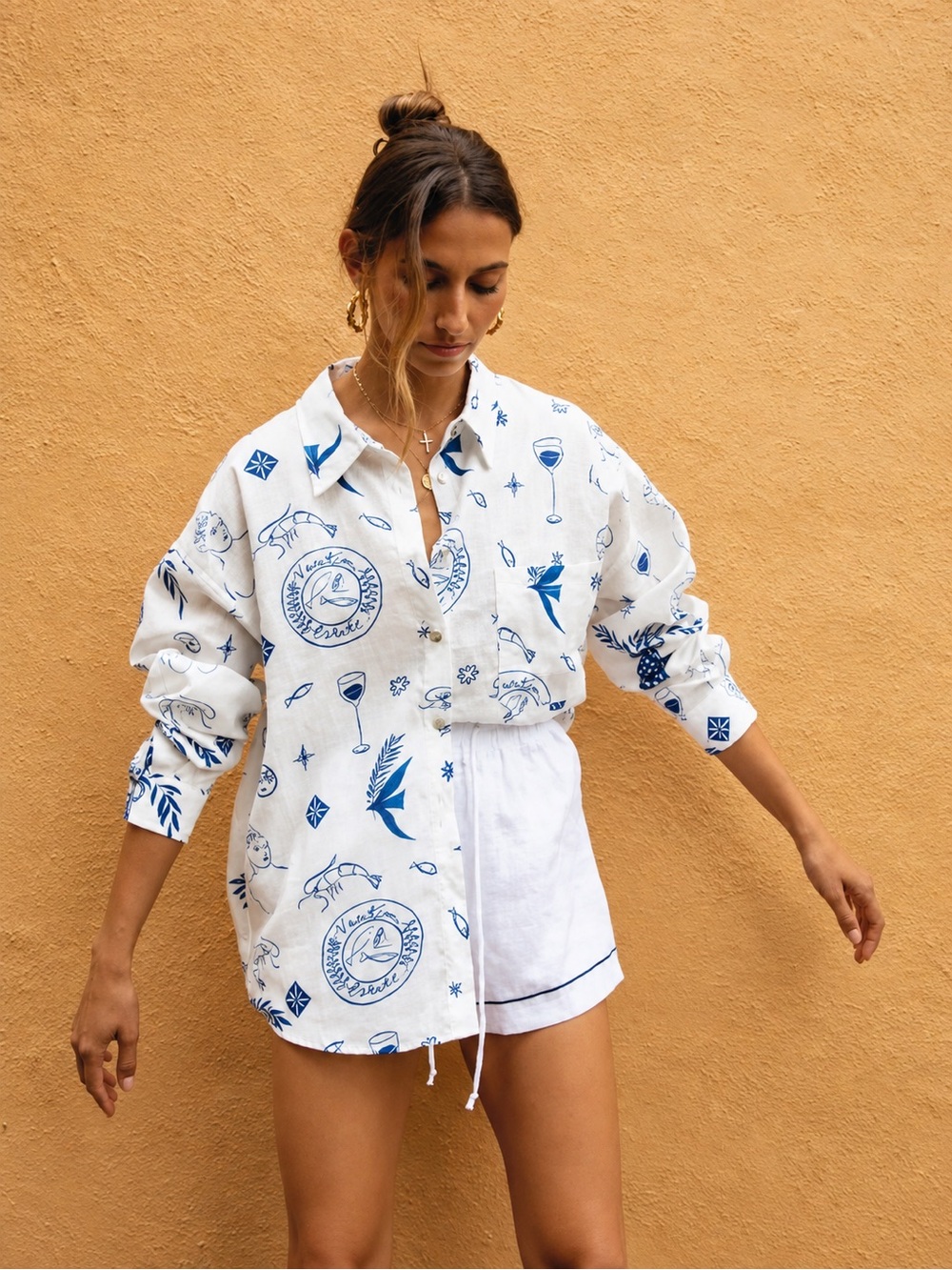 Vrg Grl Women’s Linen White Button-Down Shirt with Navy Graphic Print- US Size 6